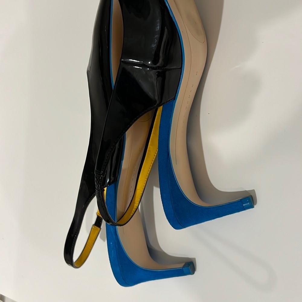 Never worn black patent leather with blue suede heels